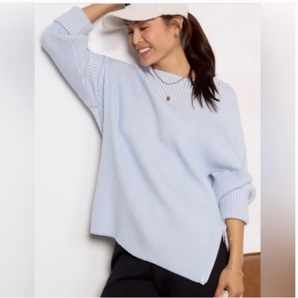 Varley Kingsley Mock Neck Soft Blue Crew Neck Ribbed Knit Sweater ladies XL